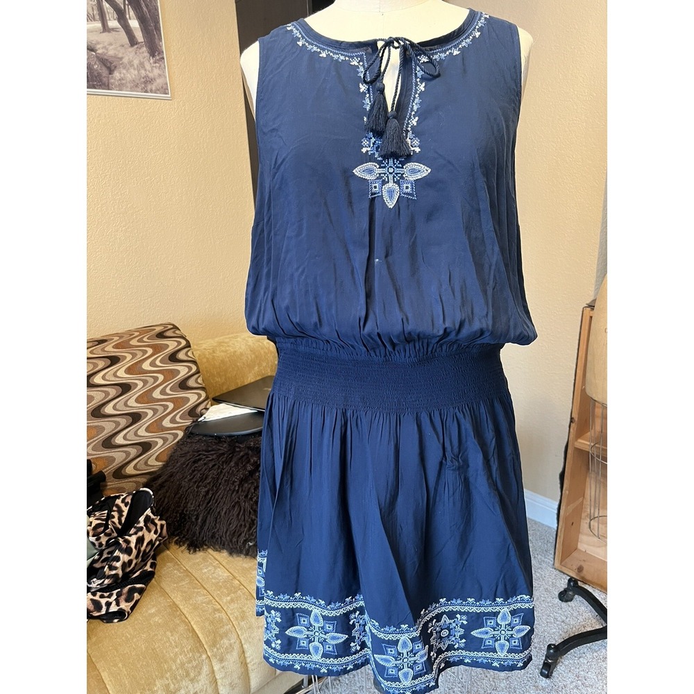 NWT‎ J. Jill Dress Womens Sz L/P Navy Embroidered Smocked Waist Sleeveless $119